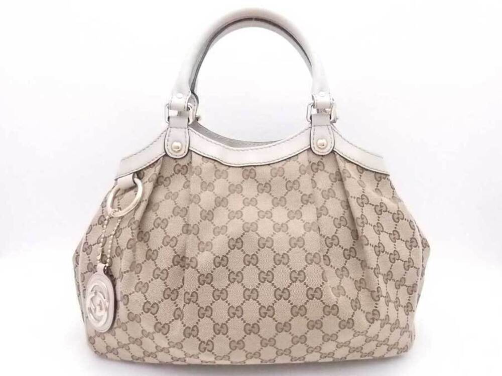 Gucci GG Canvas Sukey Leather Hobo Shoulder Bag Beige Tan